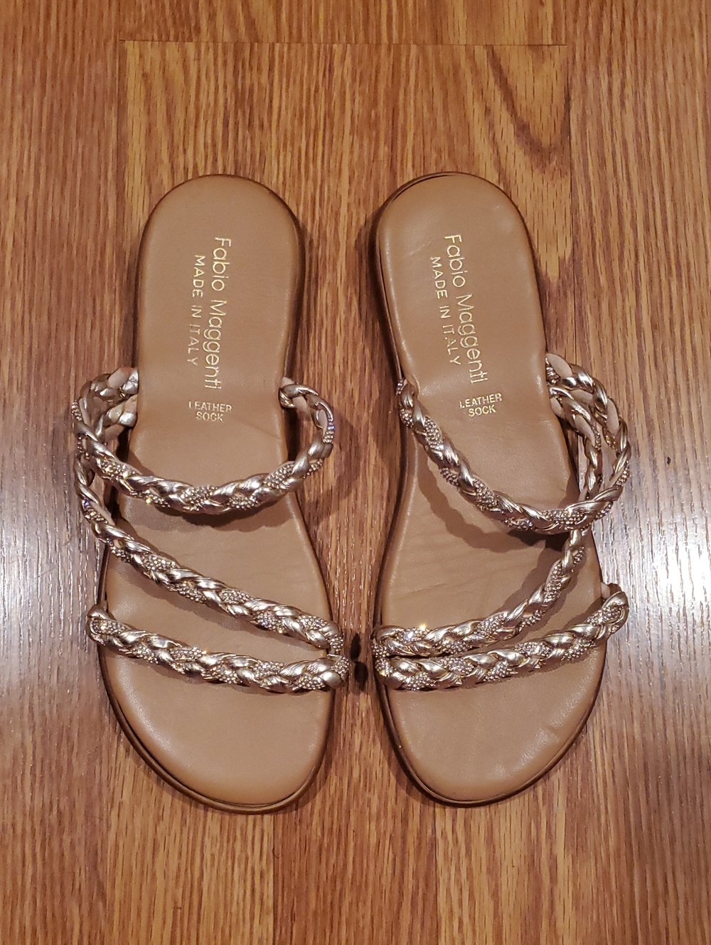 Fabio Maggenti Italy Rose Gold Braided Strap Slide Sandals Metallic Leather
